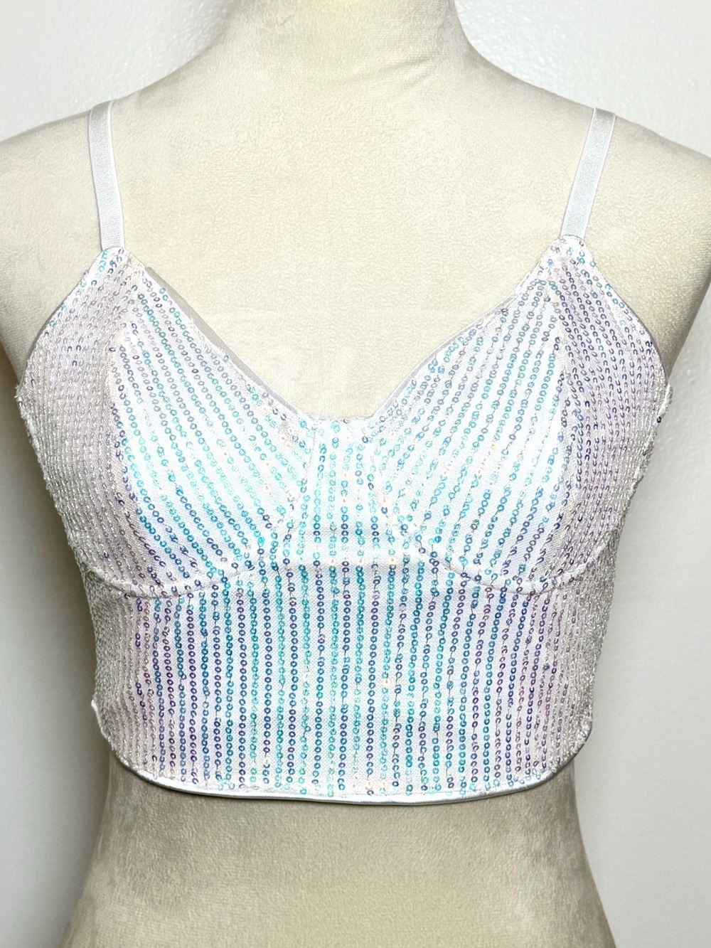 Silver White Sequin Crop Top Y2K Festival Rave Party Cami Corset Tank Small